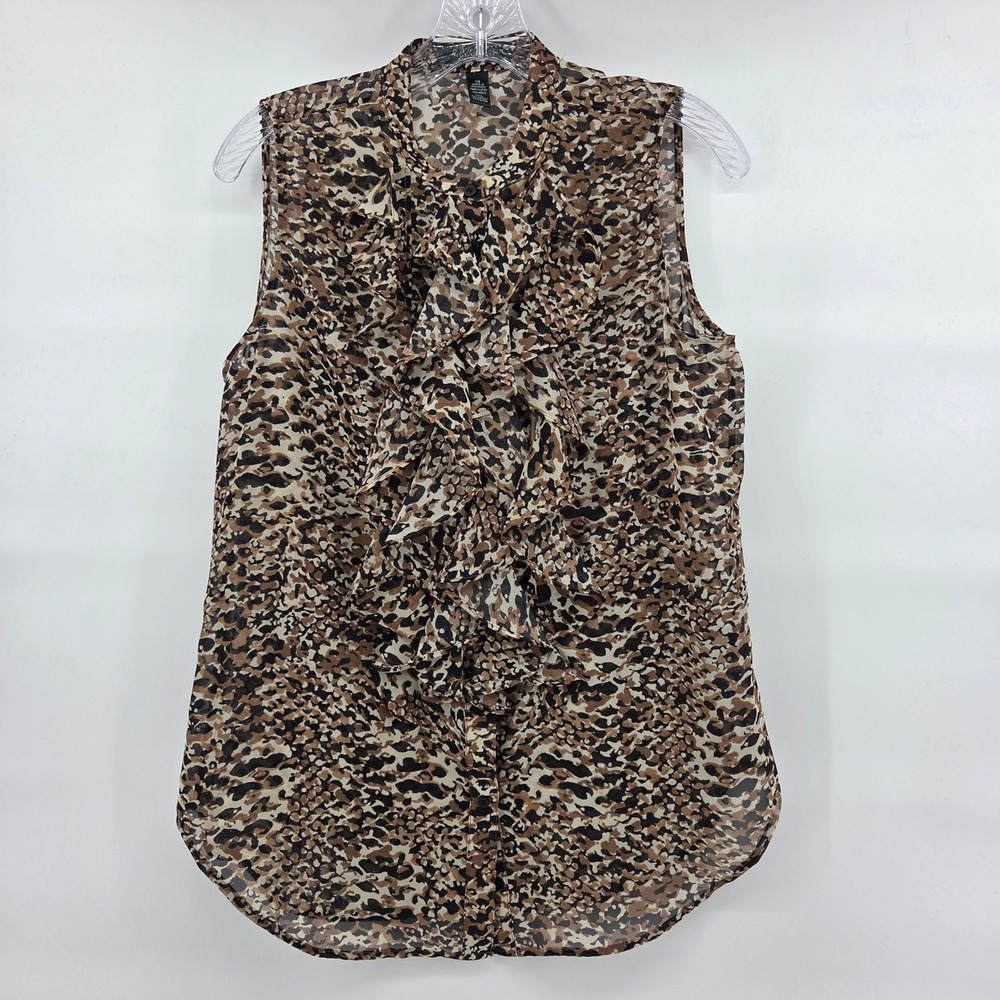 Lauren Ralph Lauren Ruffle Blouse 10‎ Brown Animal Print Sleeveless Office Chic